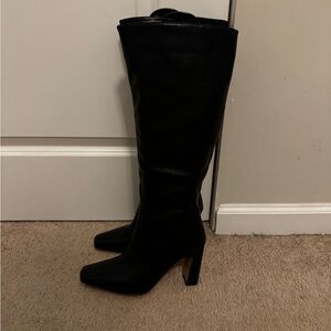 Sleek Black Tall Boots Block Heel Pointed Square Toe w/ Side Zippper